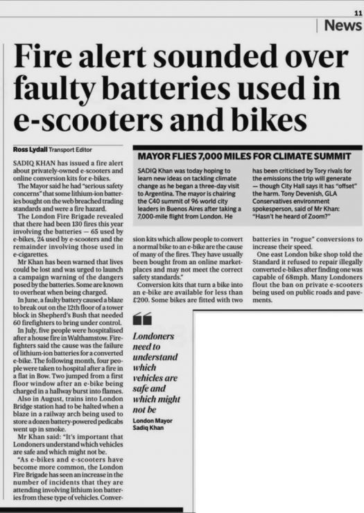 Press article about fires involving faulty e-bike batteries