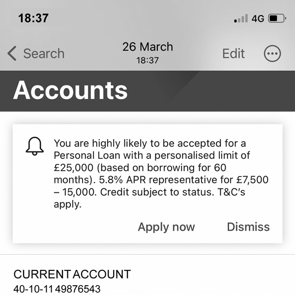 Unsolicited loan advert within a banking app