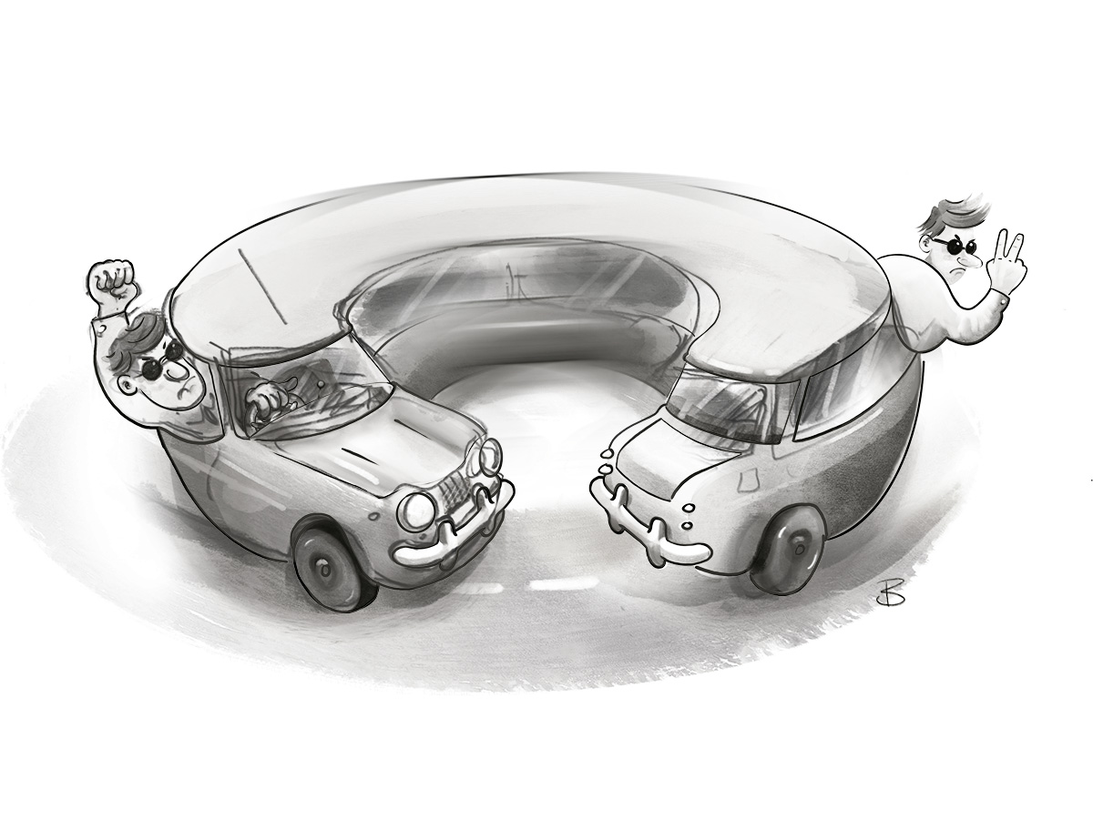 Illustration showing a driver being annoyed with the car in front and the car behind