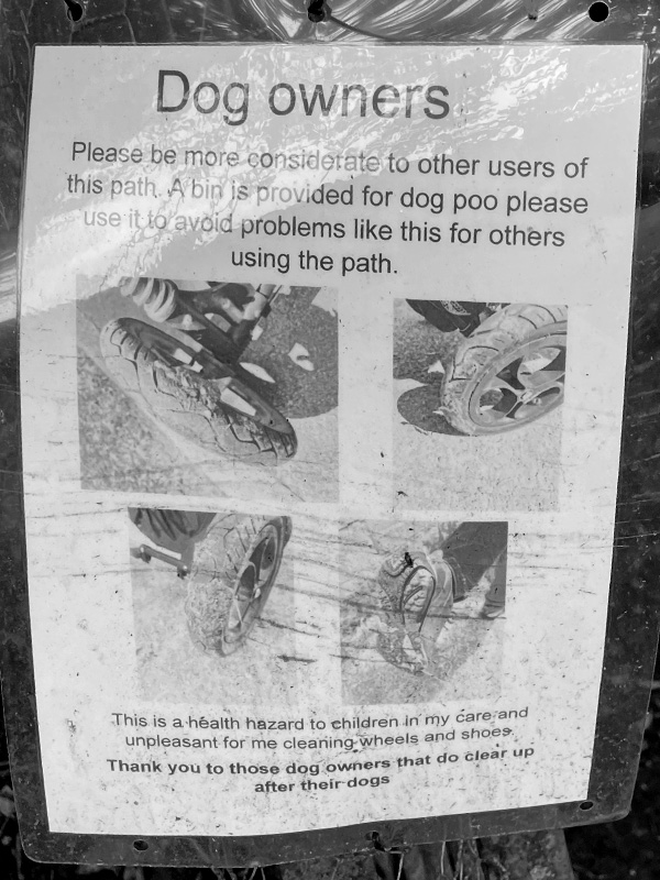 Homemade poster asking inconsiderate dog owners to pick up their dog's poo