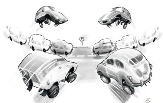 Illustration showing four cars battling to get the same parking space