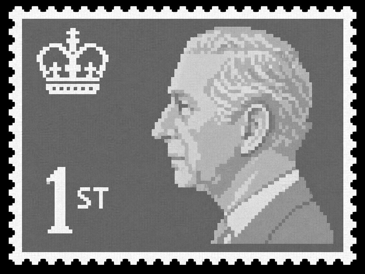 Pixelated graphic of a hypothetical Royal Email First Class stamp.